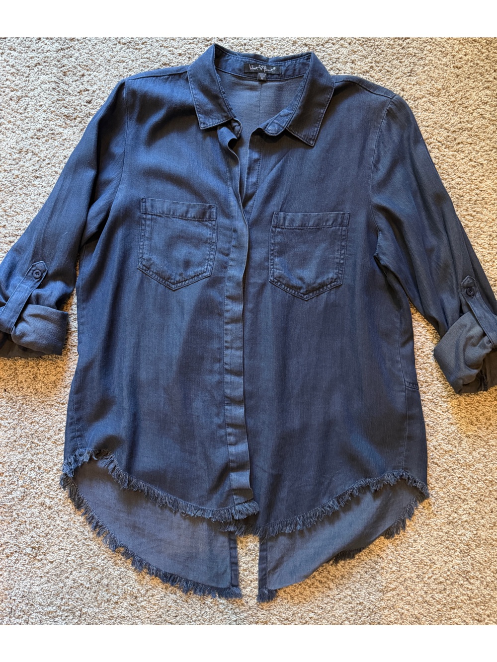 Women’s Dark Blue Denim Shirt with Roll Tab Sleeves and Split Hem Size Medium
